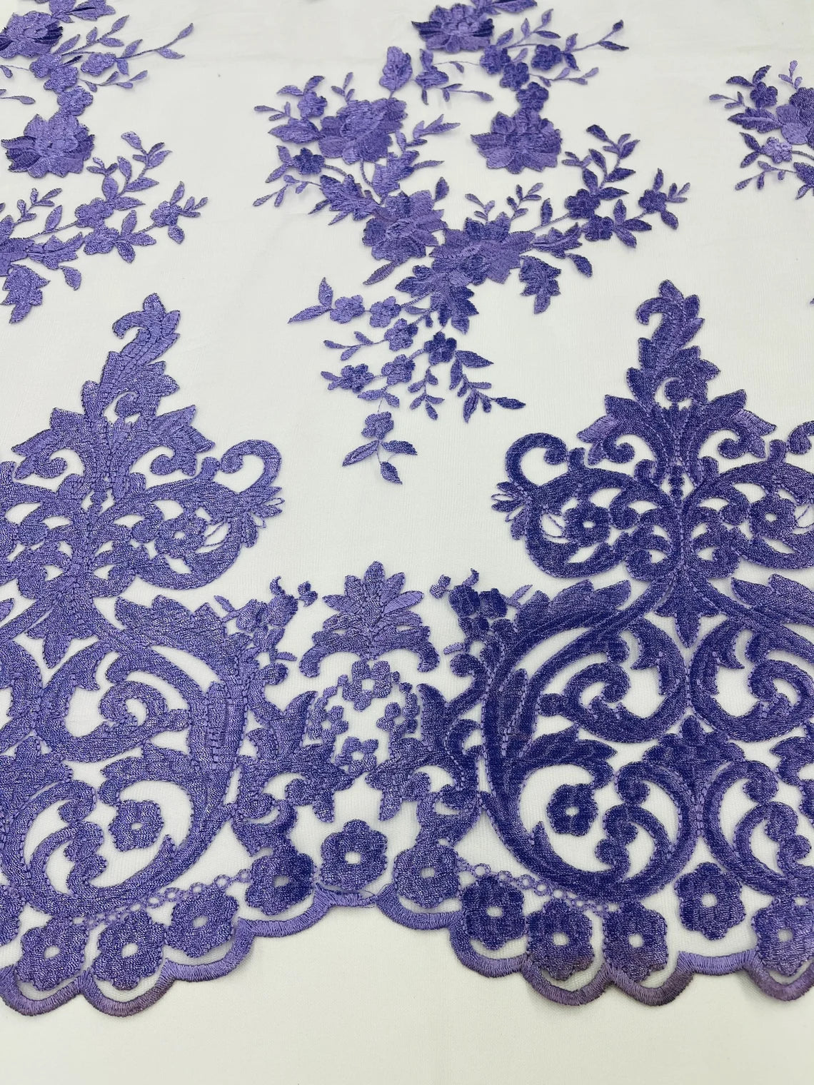 Damask Design Lace Fabric - Lavender - Embroidered Damask Fancy Beautiful Design Lace Fabric By Yard