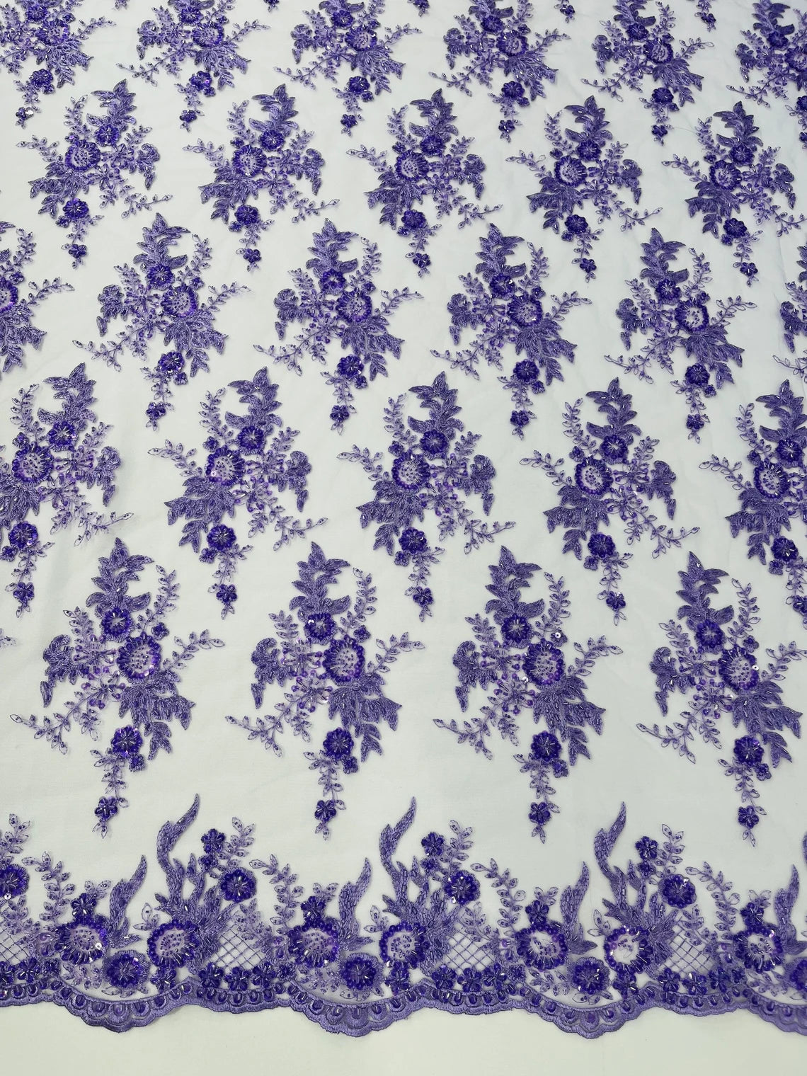 Floral Leaf Bead Sequins Fabric - Lavender - Embroidered Flower and Leaves Design Fabric By Yard