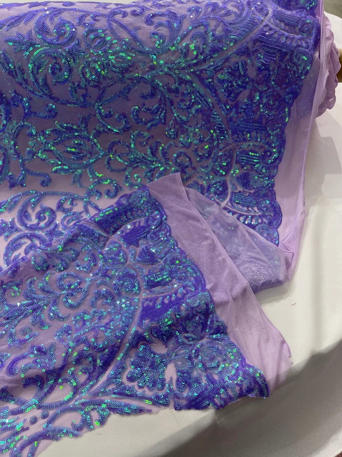 King Damask Design Sequins - Lavender Iridescent - 4 Way Stretch Lace Mesh Embroidered Sequins By Yard