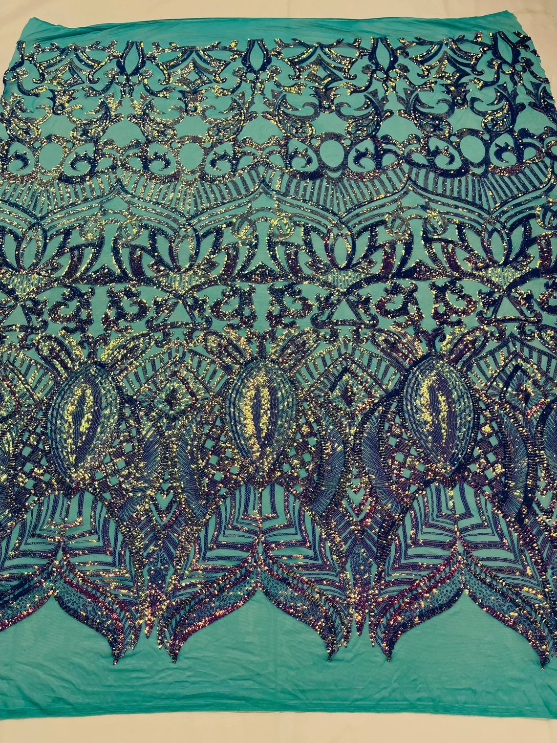 Royalty Damask Sequins Fabric - Lavender on Mint - Fancy Royal Lace Design 4 Way Stretch Sequins By Yard