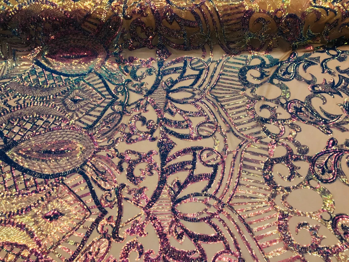 Royalty Damask Sequins Fabric - Lavender on Skin - Fancy Royal Lace Design 4 Way Stretch Sequins By Yard