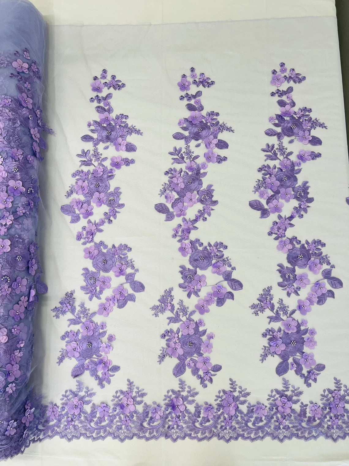 3D Flower Panels Fabric - Lavender - Flower Panels Bead Embroidered on Lace Fabric Sold By Yard