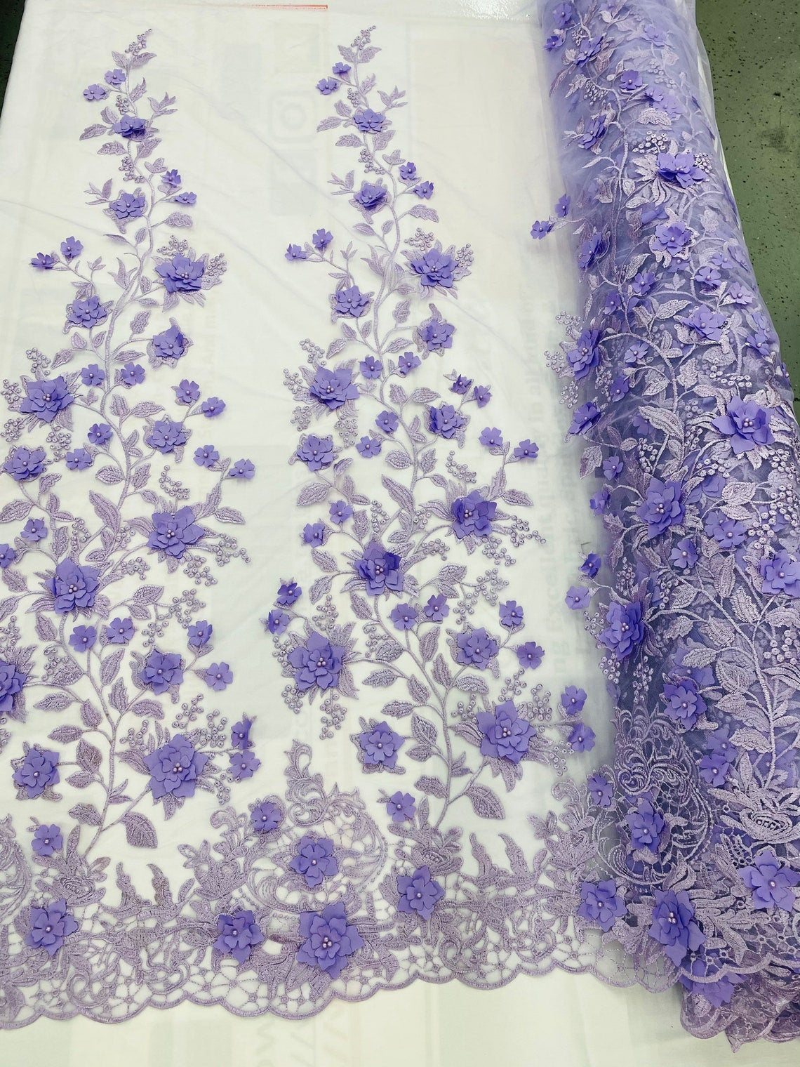 3D Floral Princess Fabric - Lilac - Embroidered Floral Lace Fabric with 3D Flowers By Yard