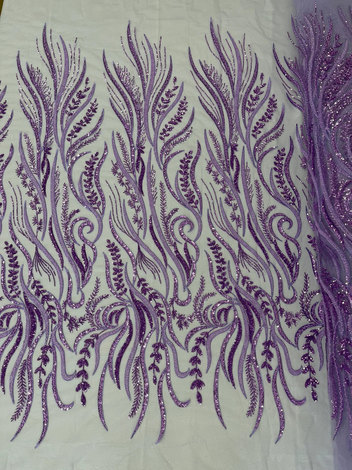 Sea Plants Design Bead Fabric - Lilac - Embroidered Beaded Seaweed Design Fabric By Yard