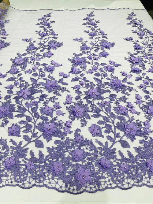 3D Floral Princess Fabric - Lilac - Embroidered Floral Lace Fabric with 3D Flowers By Yard