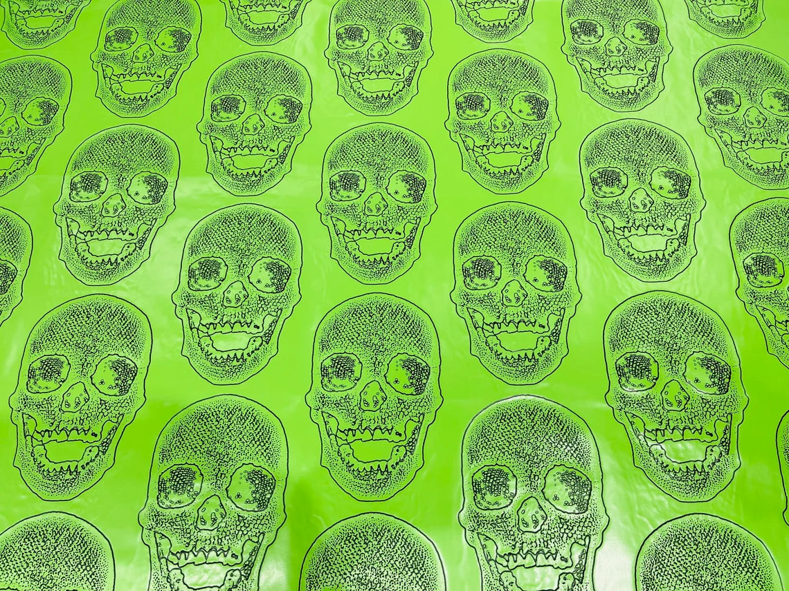 Skull Print Vinyl Fabric - Lime Green - High Quality Skull Skeleton Print Fabric Sold By Yard