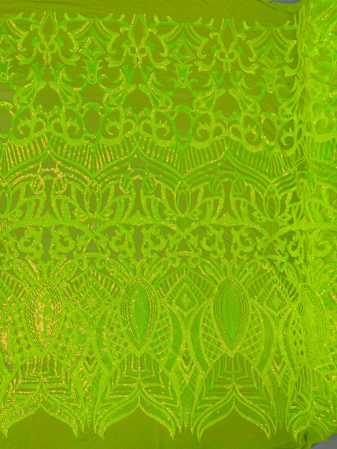 Royalty Damask Sequins Fabric - Lime Green - Fancy Royal Lace Design 4 Way Stretch Sequins By Yard