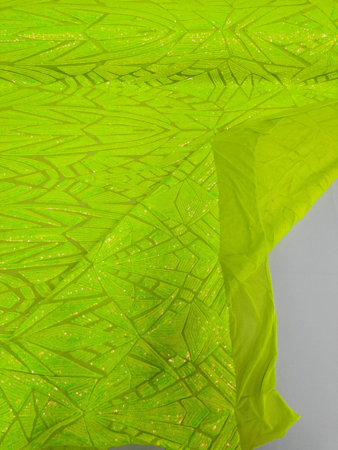 Geometric Triangle Lines Sequins - Lime Green - 4 Way Stretch Geometric Design Sequins By Yard