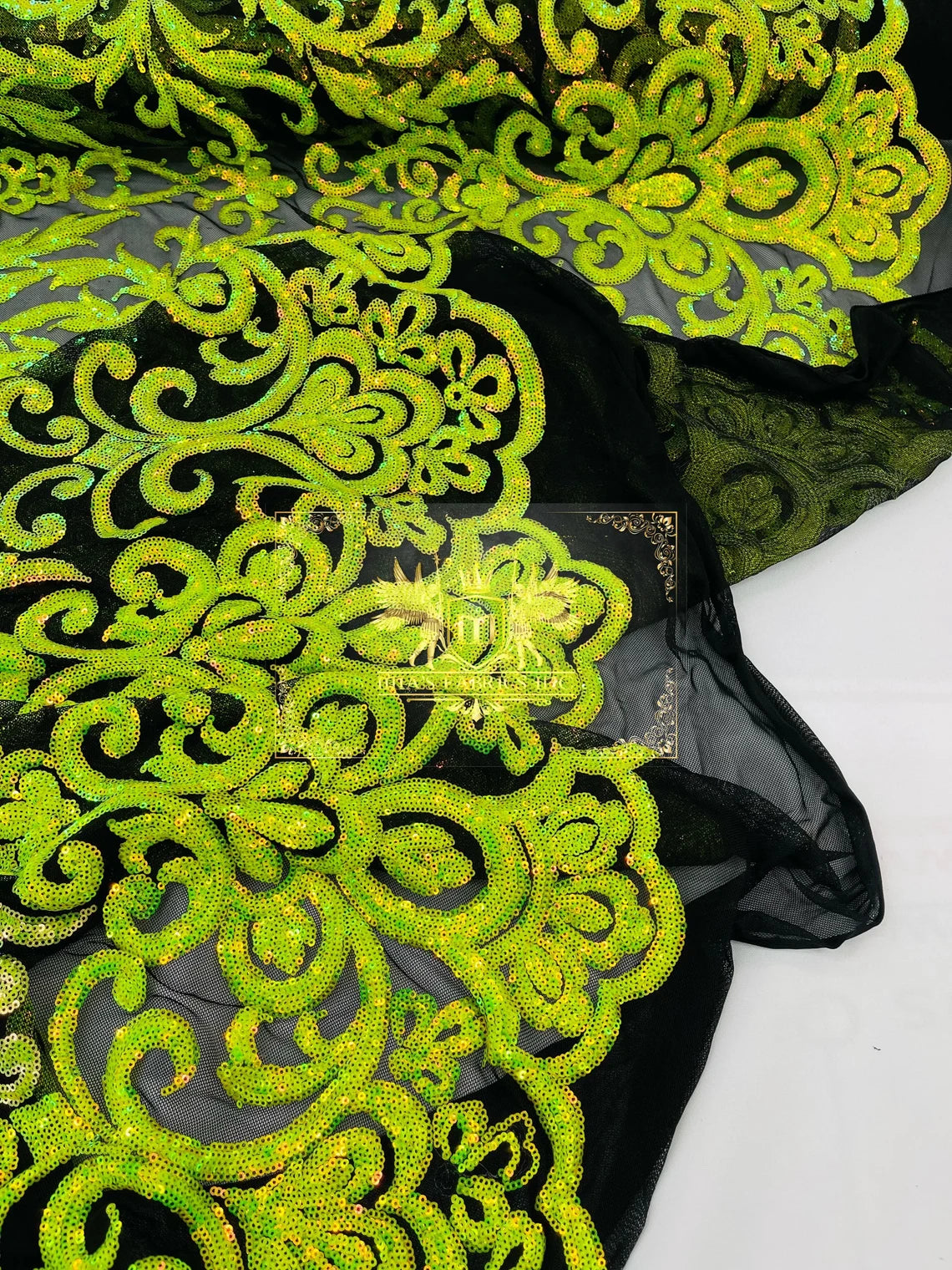 King Damask Design Sequins - Lime Green - 4 Way Stretch Lace Mesh Embroidered Sequins By Yard