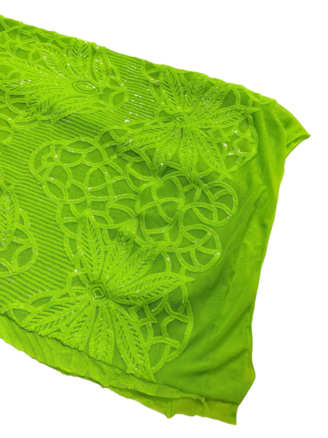 Gorgeous Star Leaf Fabric - Lime Green - Leaf Design Embroidered 4 Way Stretch Sequins Fabric By Yard