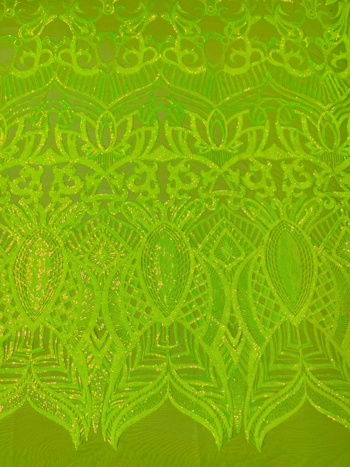 Royalty Damask Sequins Fabric - Lime Green - Fancy Royal Lace Design 4 Way Stretch Sequins By Yard