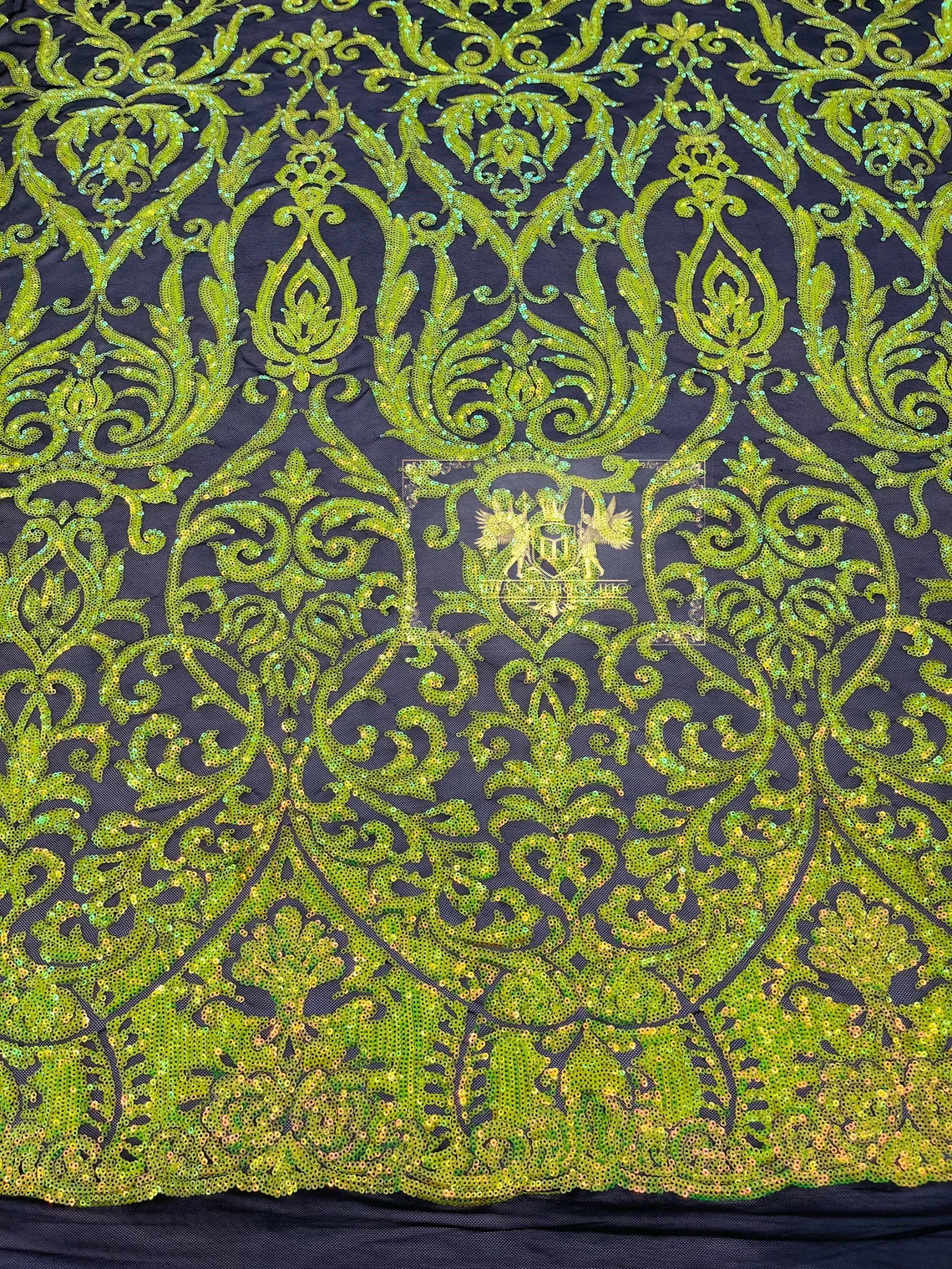 King Damask Design Sequins - Lime Green - 4 Way Stretch Lace Mesh Embroidered Sequins By Yard