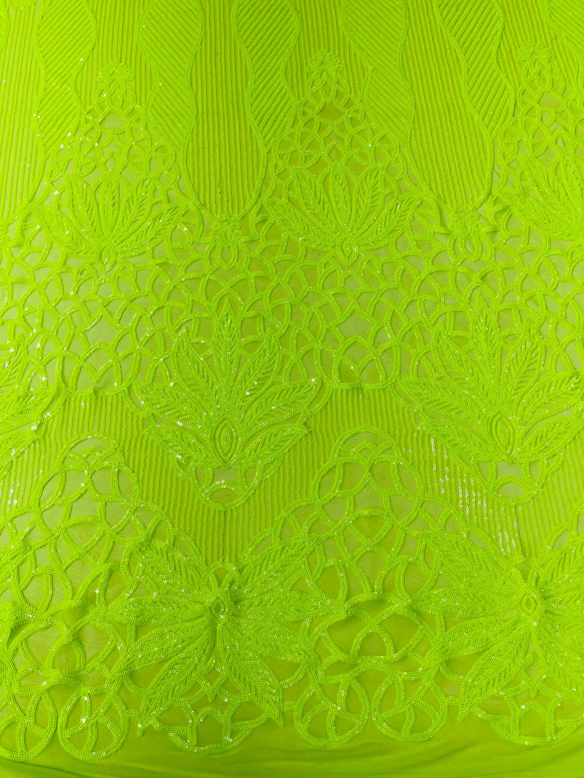 Gorgeous Star Leaf Fabric - Lime Green - Leaf Design Embroidered 4 Way Stretch Sequins Fabric By Yard