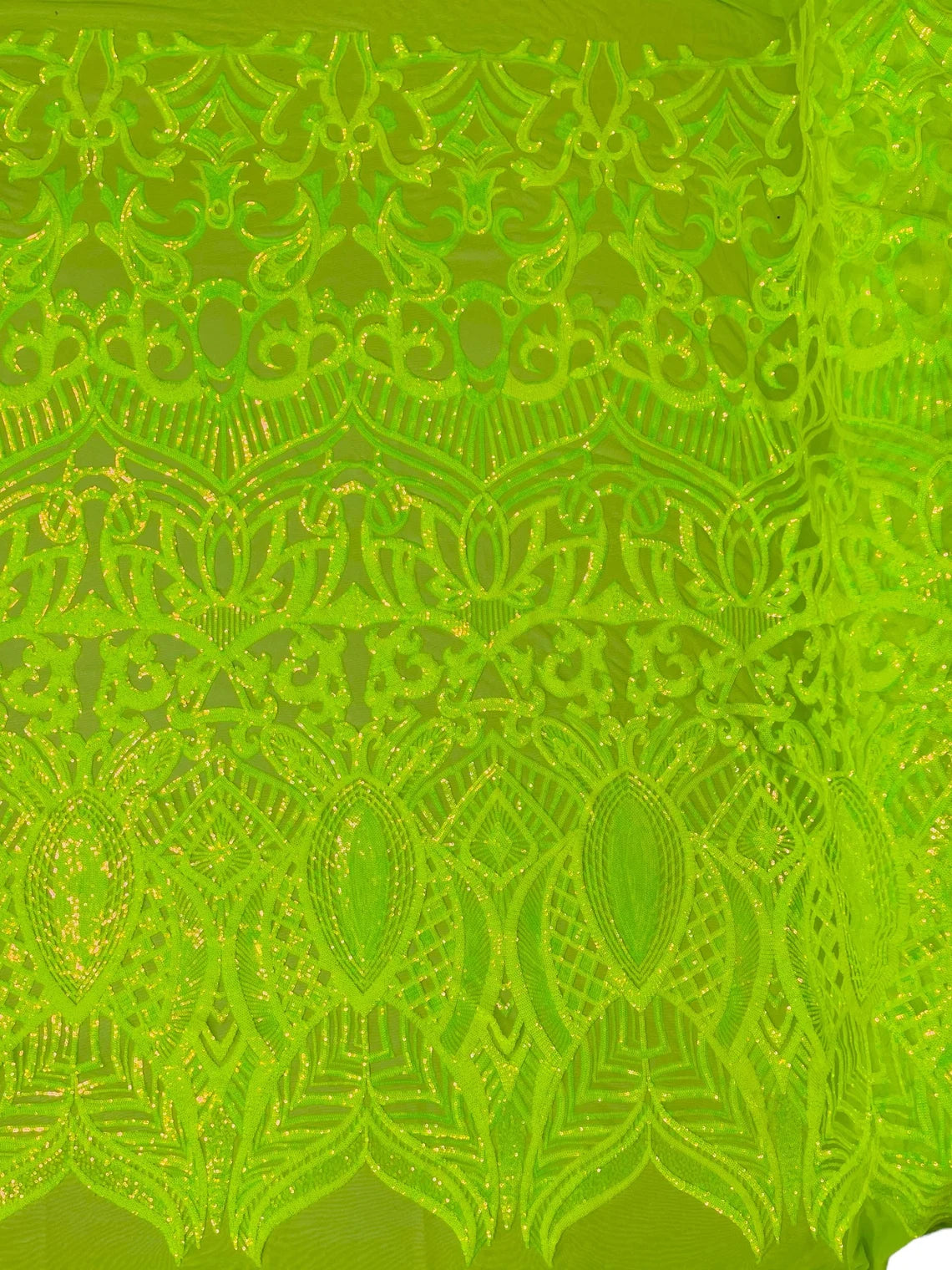 Royalty Damask Sequins Fabric - Lime Green - Fancy Royal Lace Design 4 Way Stretch Sequins By Yard