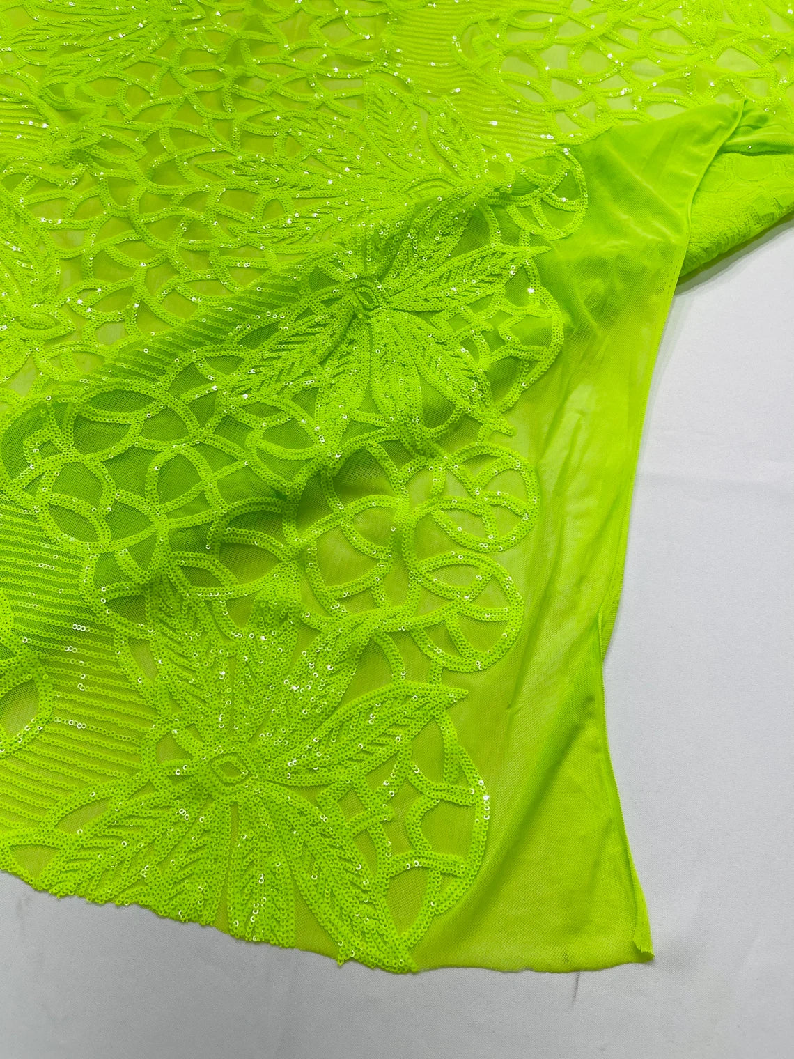 Gorgeous Star Leaf Fabric - Lime Green - Leaf Design Embroidered 4 Way Stretch Sequins Fabric By Yard