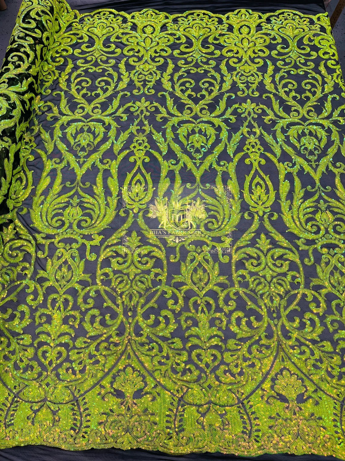 King Damask Design Sequins - Lime Green - 4 Way Stretch Lace Mesh Embroidered Sequins By Yard