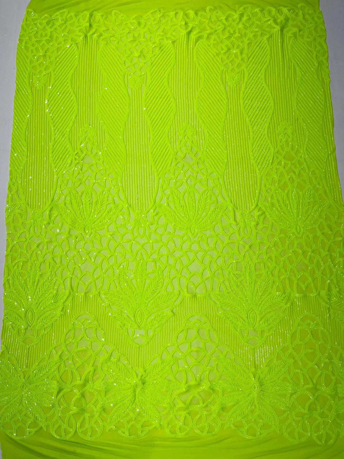 Gorgeous Star Leaf Fabric - Lime Green - Leaf Design Embroidered 4 Way Stretch Sequins Fabric By Yard