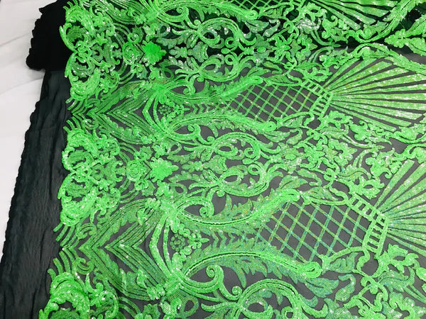 Seashell Geometric Sequins - Lime Green on Black - Embroidered Sequins on 4 Way Stretch Lace Mesh Sold By Yard