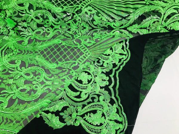 Seashell Geometric Sequins - Lime Green on Black - Embroidered Sequins on 4 Way Stretch Lace Mesh Sold By Yard