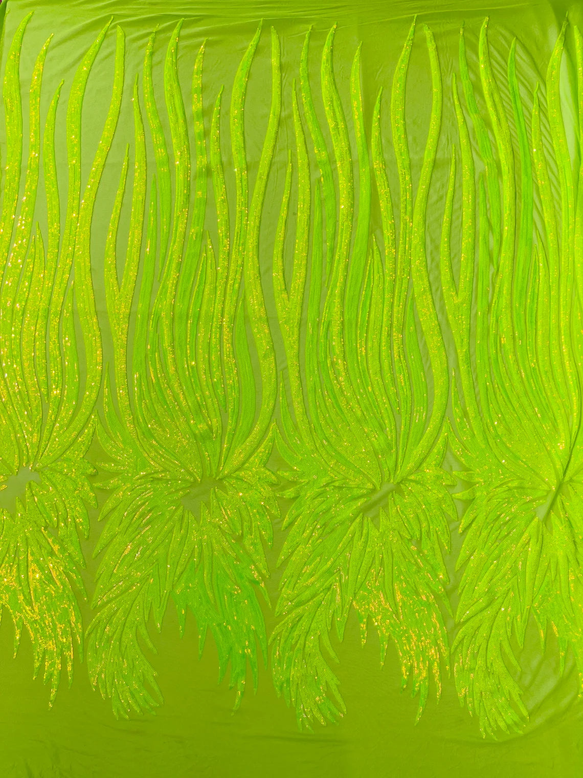 Wings Sequins Fabric - Lime Iridescent - Large Feather Wings 4 Way Stretch Sequins Design By Yard