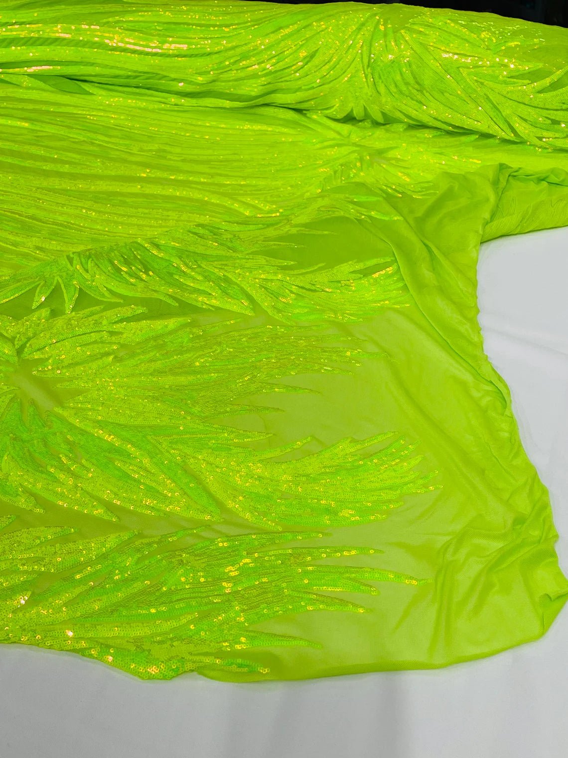 Wings Sequins Fabric - Lime Iridescent - Large Feather Wings 4 Way Stretch Sequins Design By Yard