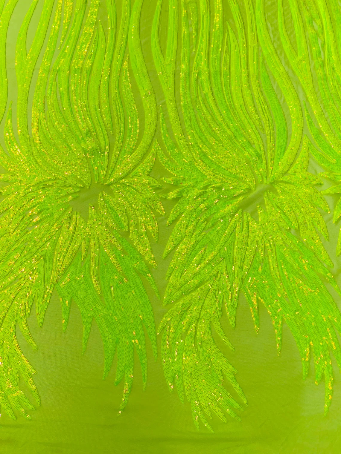 Wings Sequins Fabric - Lime Iridescent - Large Feather Wings 4 Way Stretch Sequins Design By Yard