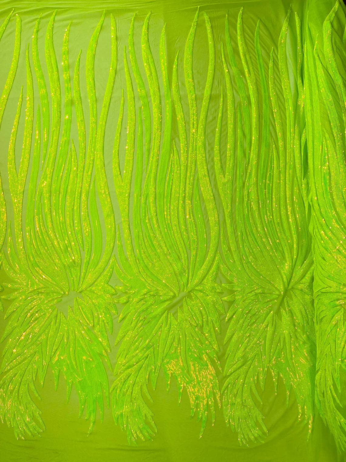 Wings Sequins Fabric - Lime Iridescent - Large Feather Wings 4 Way Stretch Sequins Design By Yard