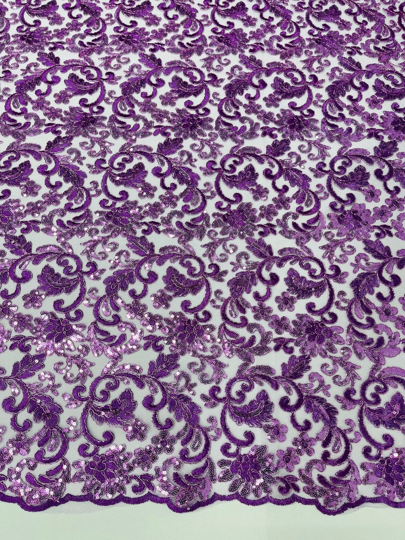 Flower Lace Sequins Corded Fabric - Lavender - Embroidery Floral Design Lace Fabric By Yard