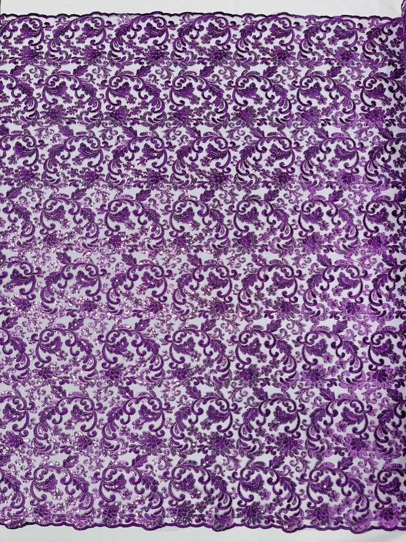 Flower Lace Sequins Corded Fabric - Lavender - Embroidery Floral Design Lace Fabric By Yard