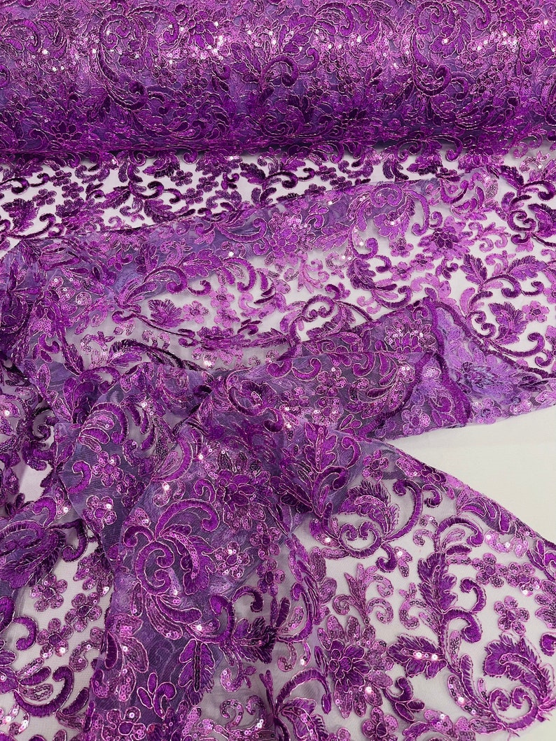 Flower Lace Sequins Corded Fabric - Lavender - Embroidery Floral Design Lace Fabric By Yard