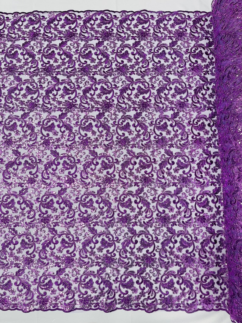 Flower Lace Sequins Corded Fabric - Lavender - Embroidery Floral Design Lace Fabric By Yard