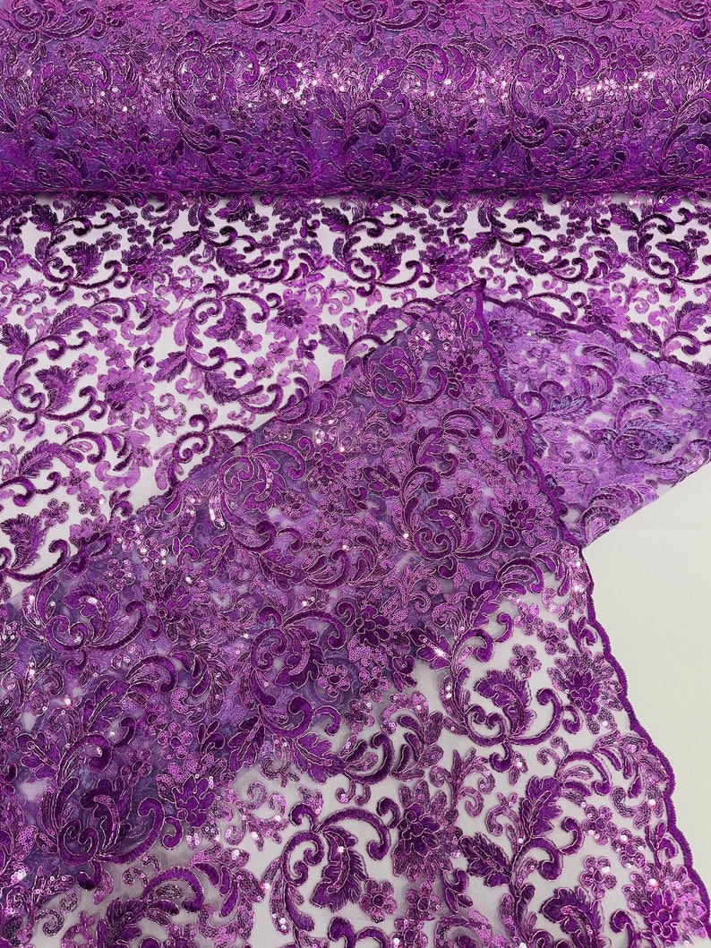 Flower Lace Sequins Corded Fabric - Lavender - Embroidery Floral Design Lace Fabric By Yard