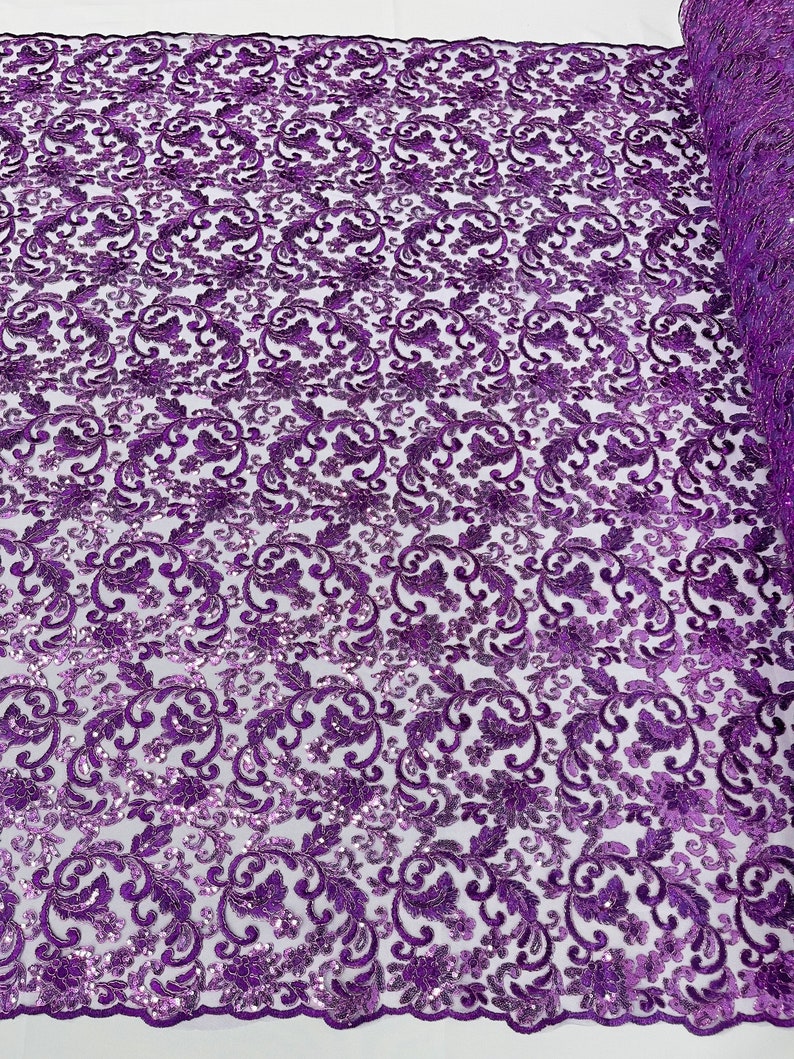 Flower Lace Sequins Corded Fabric - Lavender - Embroidery Floral Design Lace Fabric By Yard