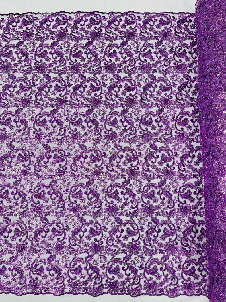 Flower Lace Sequins Corded Fabric - Lavender - Embroidery Floral Design Lace Fabric By Yard