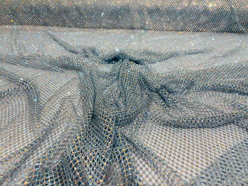 AB Iridescent Rhinestones On Soft Stretch Fish Net Fabric 45" Wide -sold by The Yard.