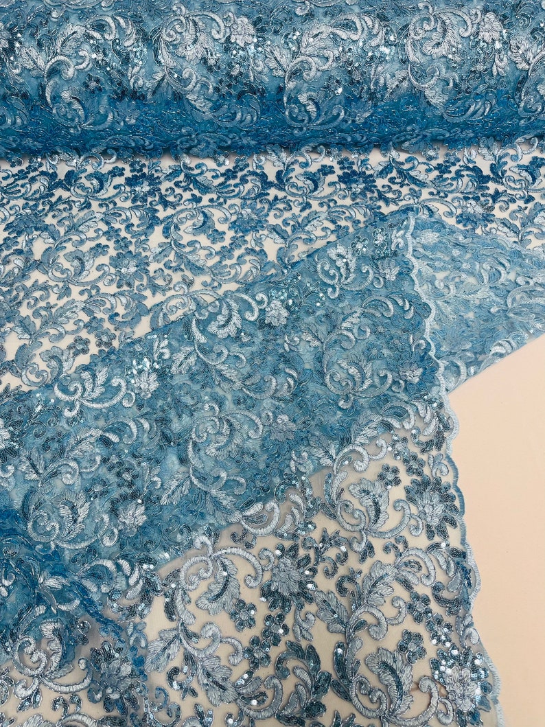 Flower Lace Sequins Corded Fabric - Light Blue - Embroidery Floral Design Lace Fabric By Yard