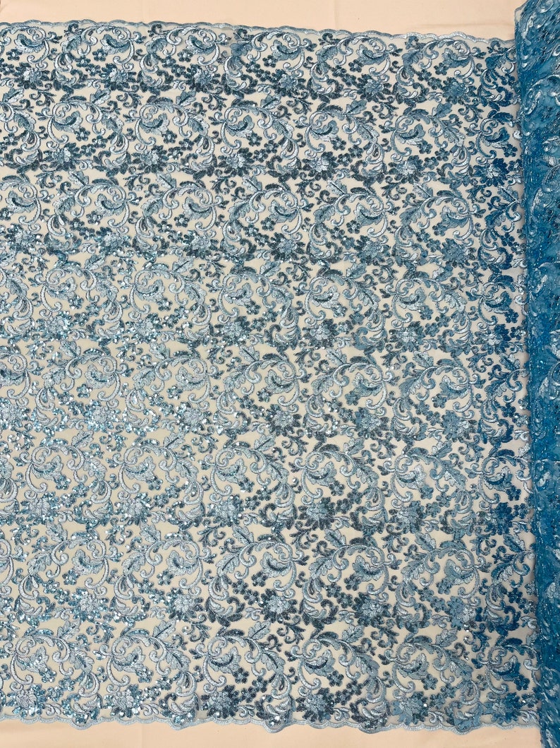 Flower Lace Sequins Corded Fabric - Light Blue - Embroidery Floral Design Lace Fabric By Yard