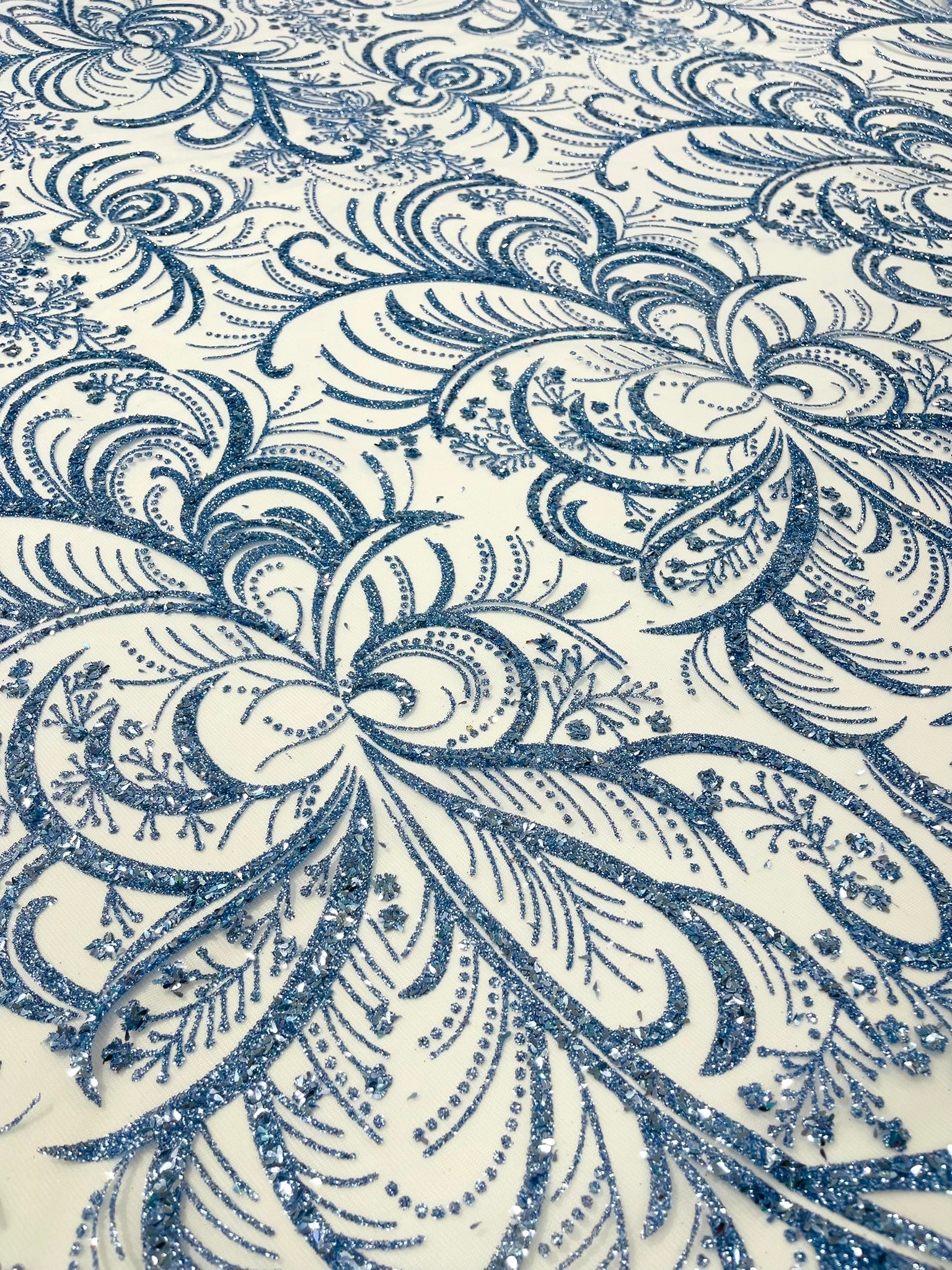 Palm Glitter Vine Design On A Mesh Lace Fabric 58"' Wide Prom.