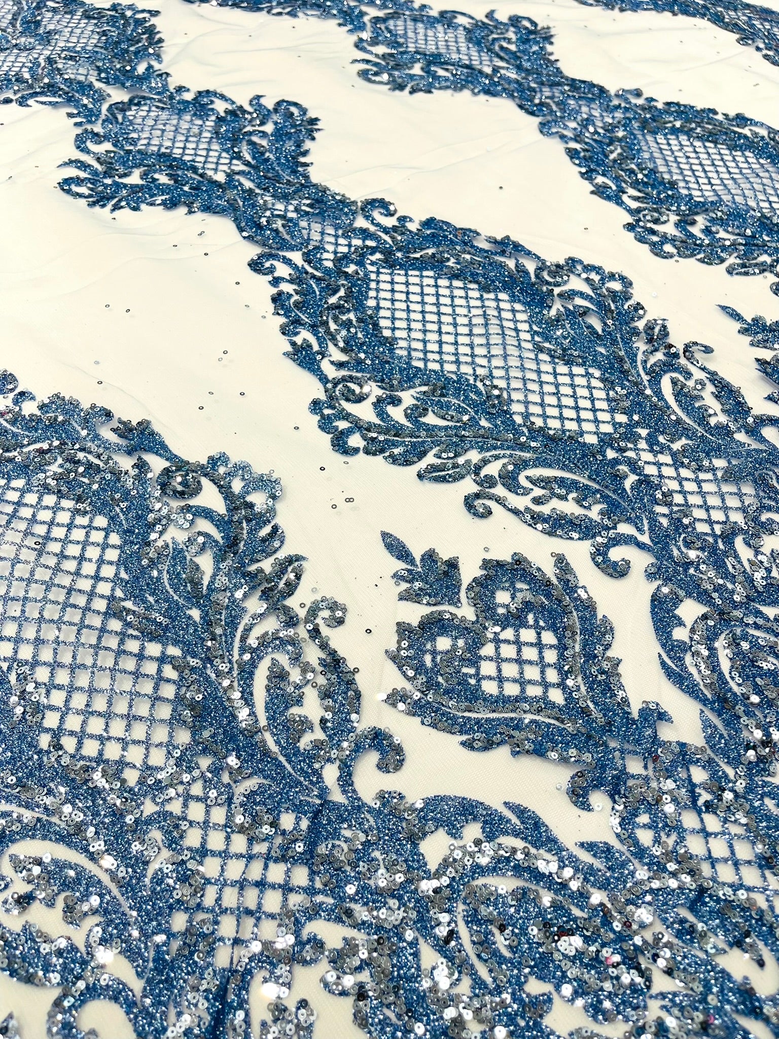 Glitter Tower Damask Design Fabric| 58” Wide| Quinsiañera Dresses.