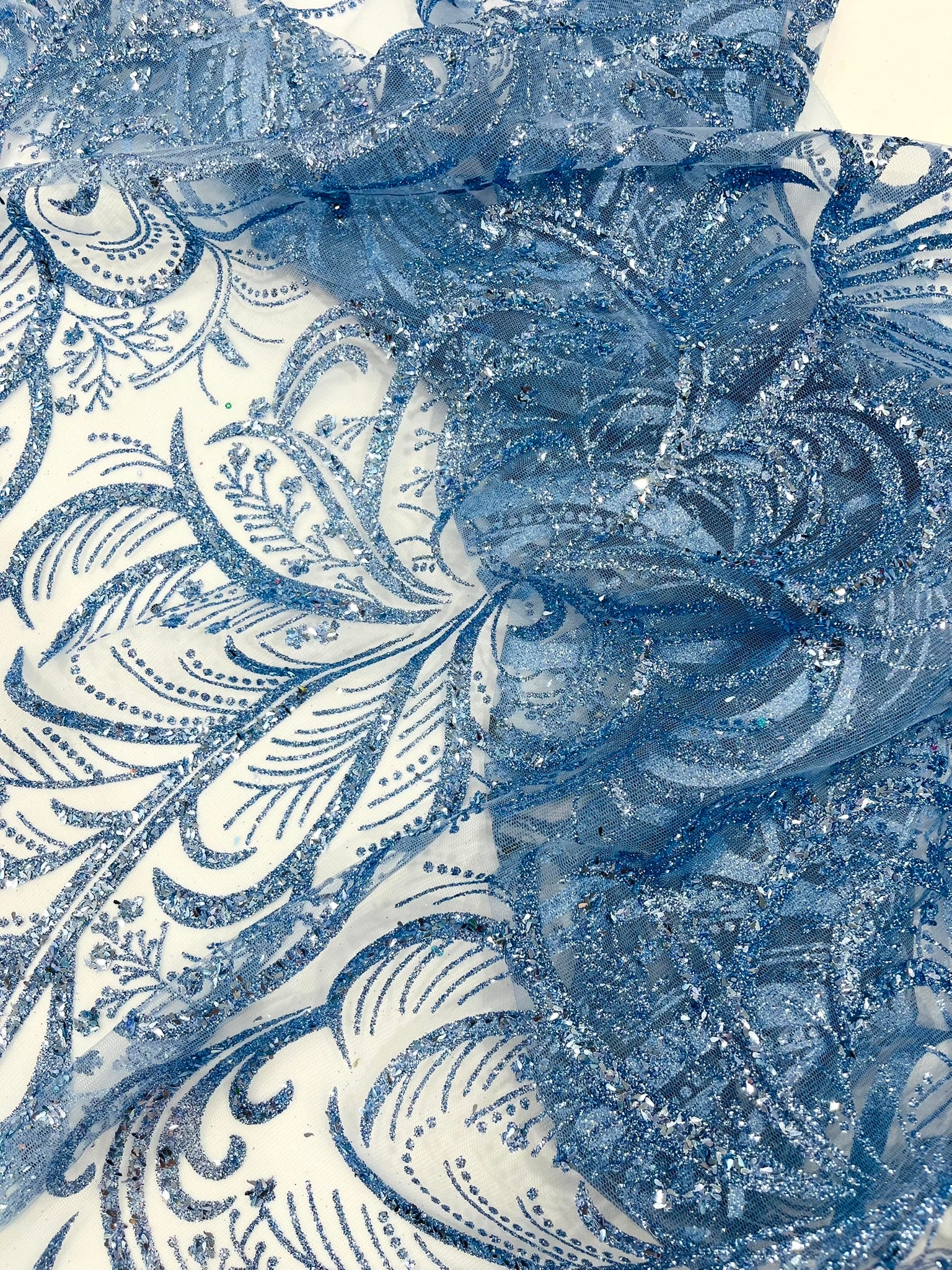 Palm Glitter Vine Design On A Mesh Lace Fabric 58"' Wide Prom.