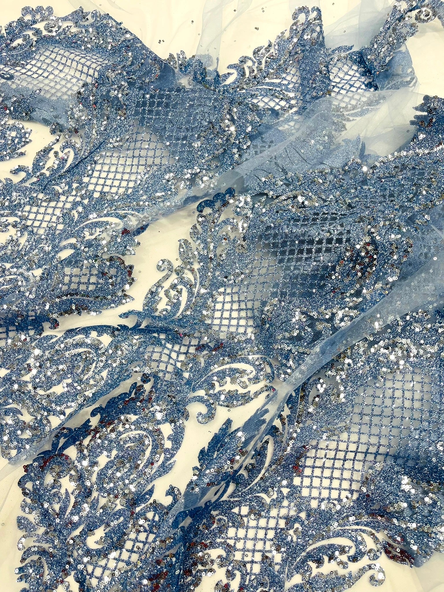 Glitter Tower Damask Design Fabric| 58” Wide| Quinsiañera Dresses.