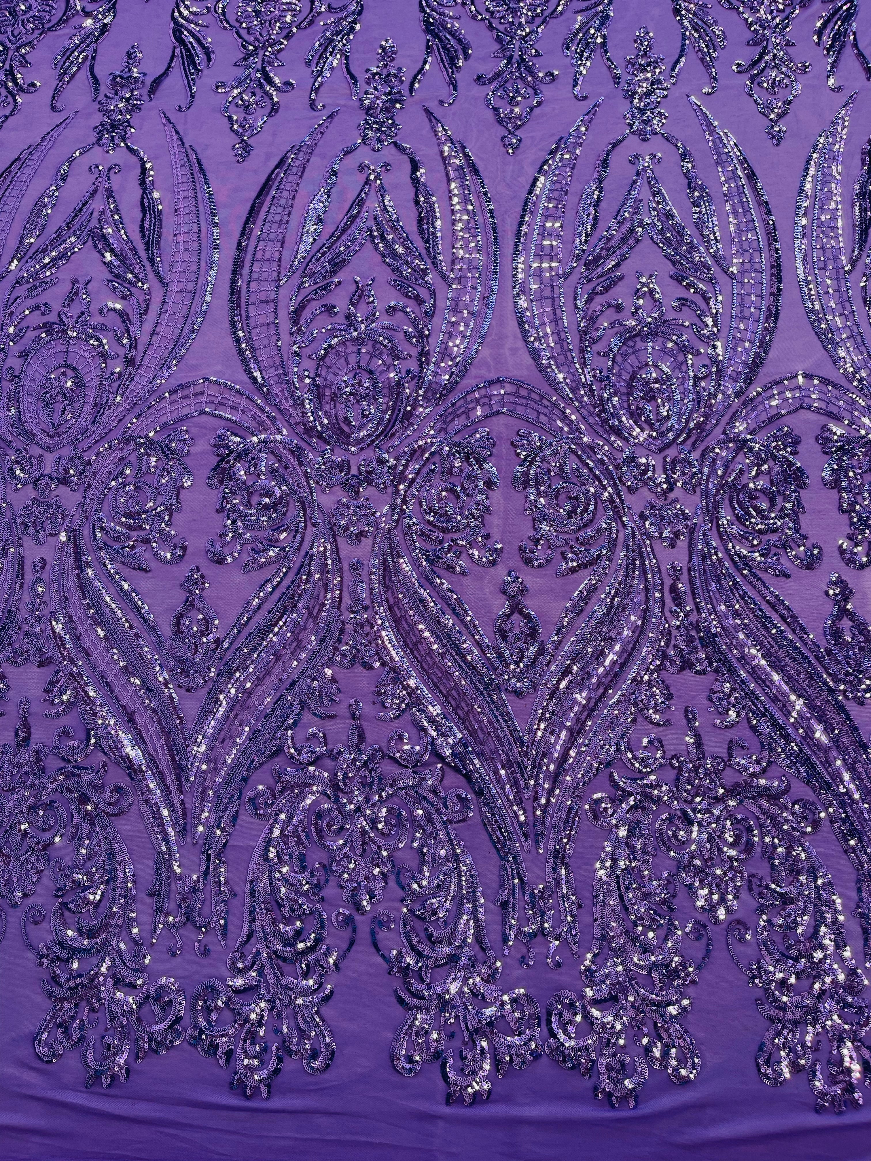 Big Damask 4 Way Sequins - Aqua Iridescent on White - Embroidered Damask Design Sequins Fabric Sold By Yard