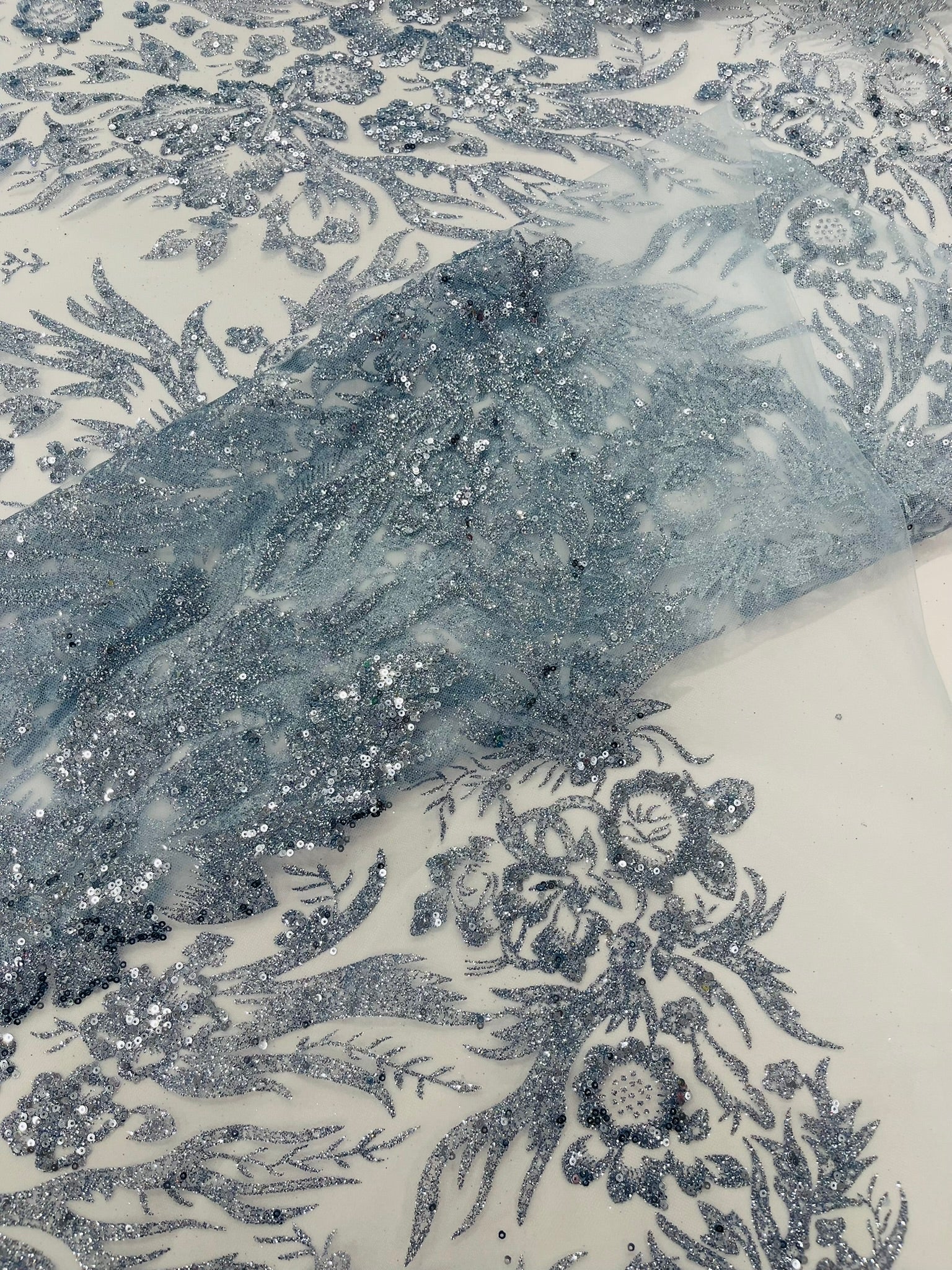Big Glitter Damask Design On A Mesh Lace Fabric/Prom/Sold By The Yard