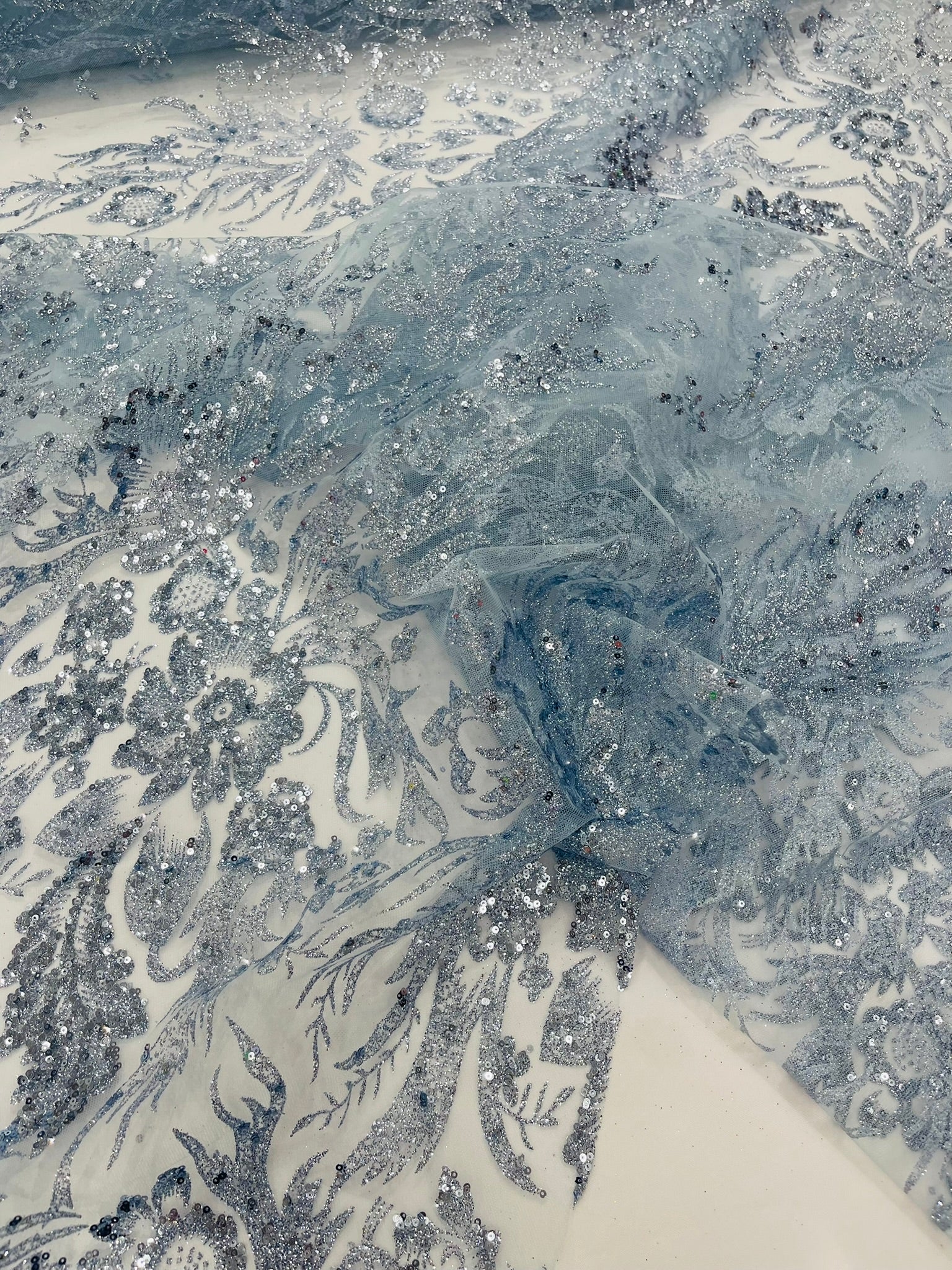 Big Glitter Damask Design On A Mesh Lace Fabric/Prom/Sold By The Yard