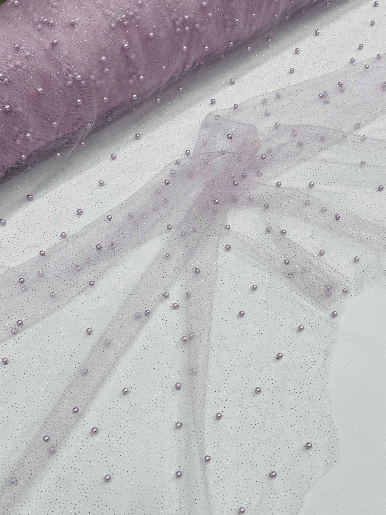 Pearl Glitter Studded Mesh, 2-Way Stretch Shimmer Mesh Fabric, Sold by the yard.