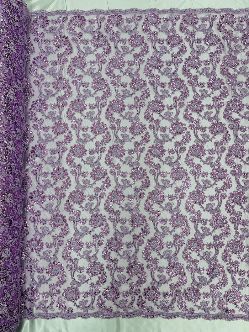 Flower Lace Sequins Fabric - Lilac - Embroidery Floral Design Lace Fabric By Yard