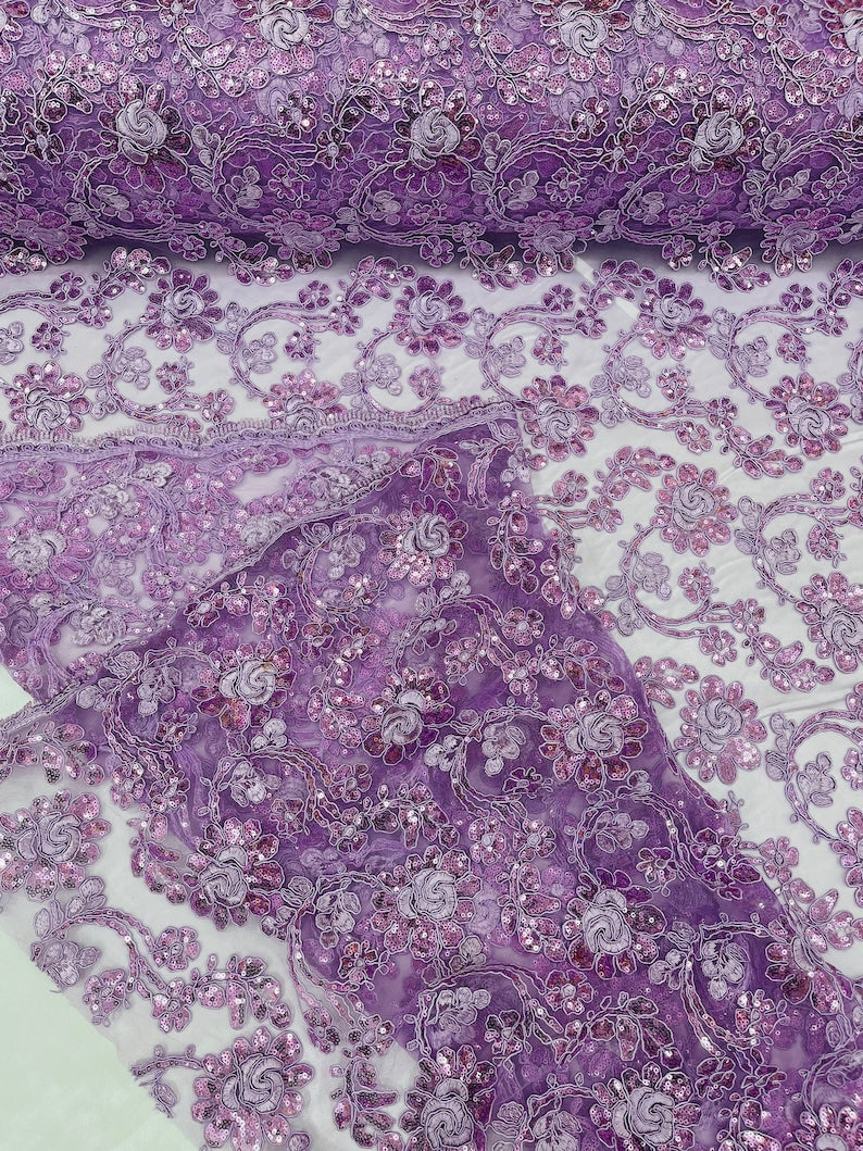 Flower Lace Sequins Fabric - Lilac - Embroidery Floral Design Lace Fabric By Yard