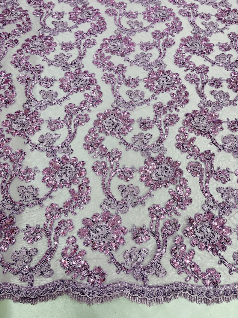 Flower Lace Sequins Fabric - Lilac - Embroidery Floral Design Lace Fabric By Yard