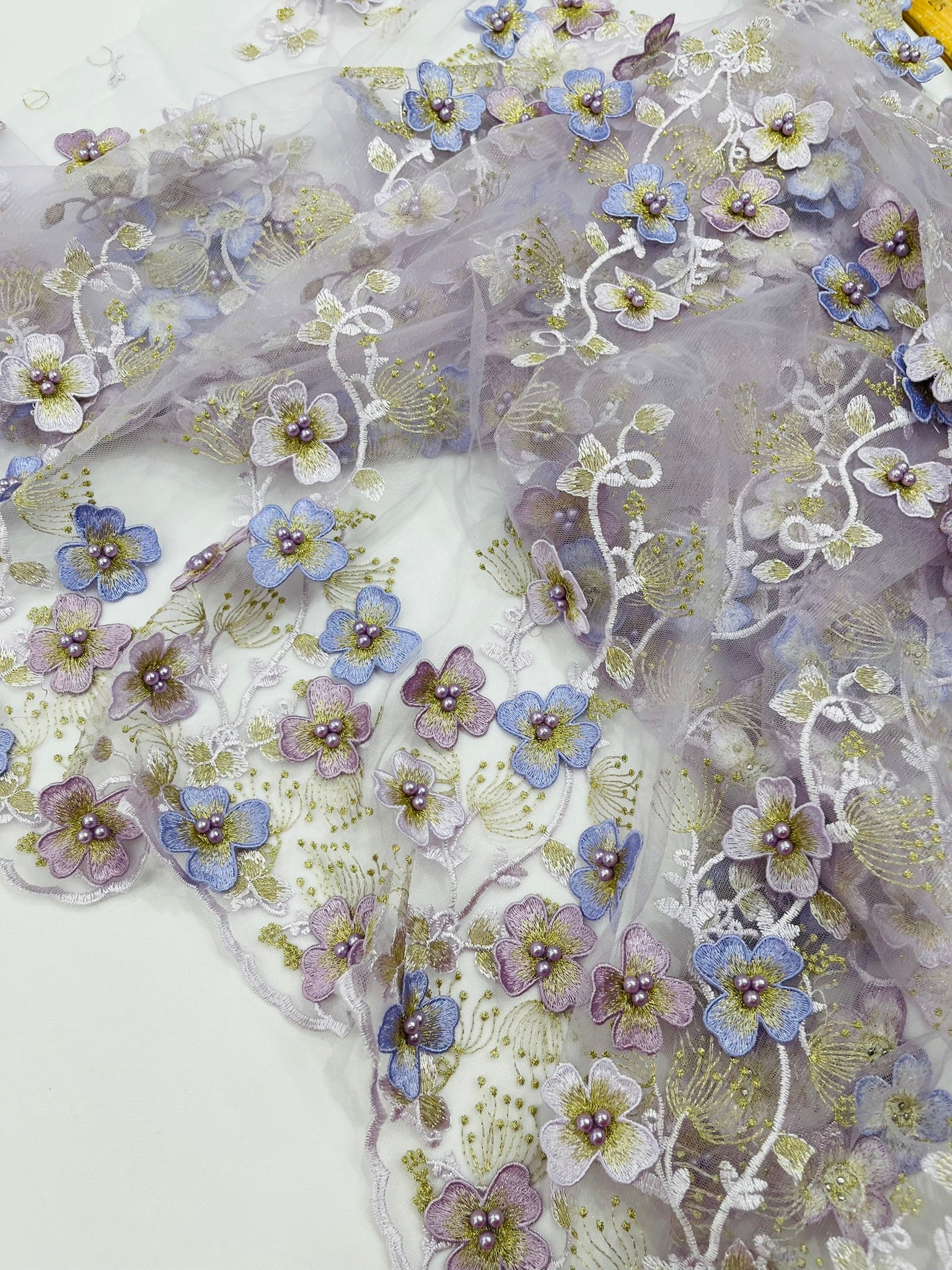 Multi Color 3D Floral design embroider with pearls in a mesh lace fabric -Sold by the yard