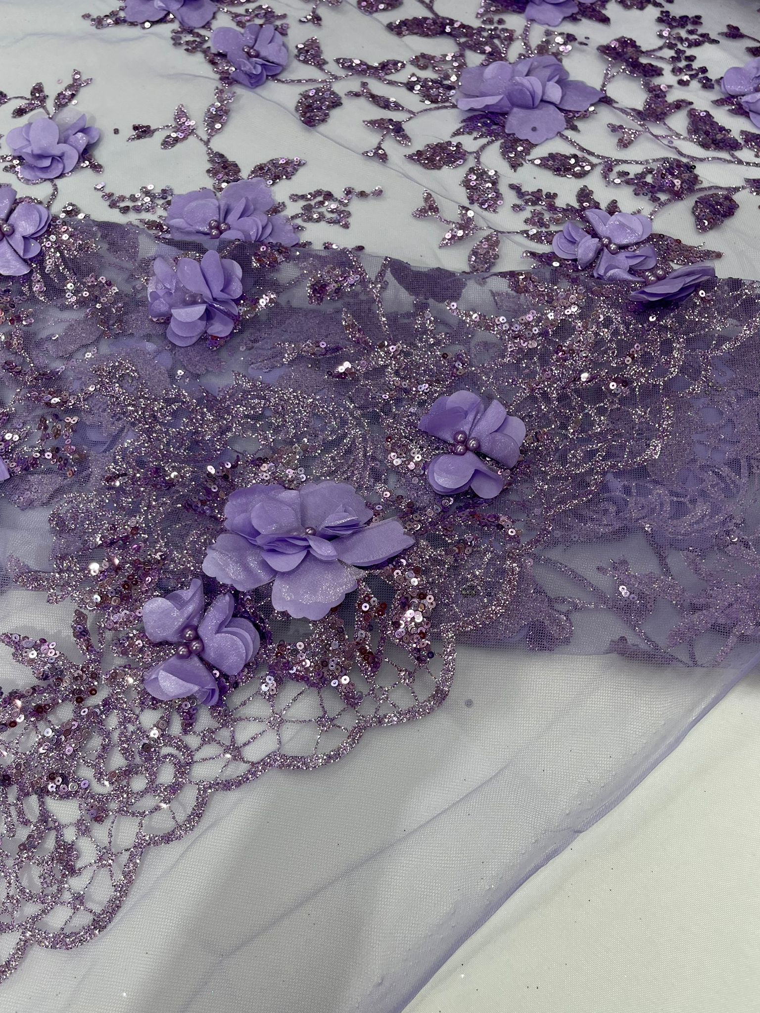 3d orquidia satin flower glitter sequin fabric/prom fabric/wedding lace/costume/apparel.